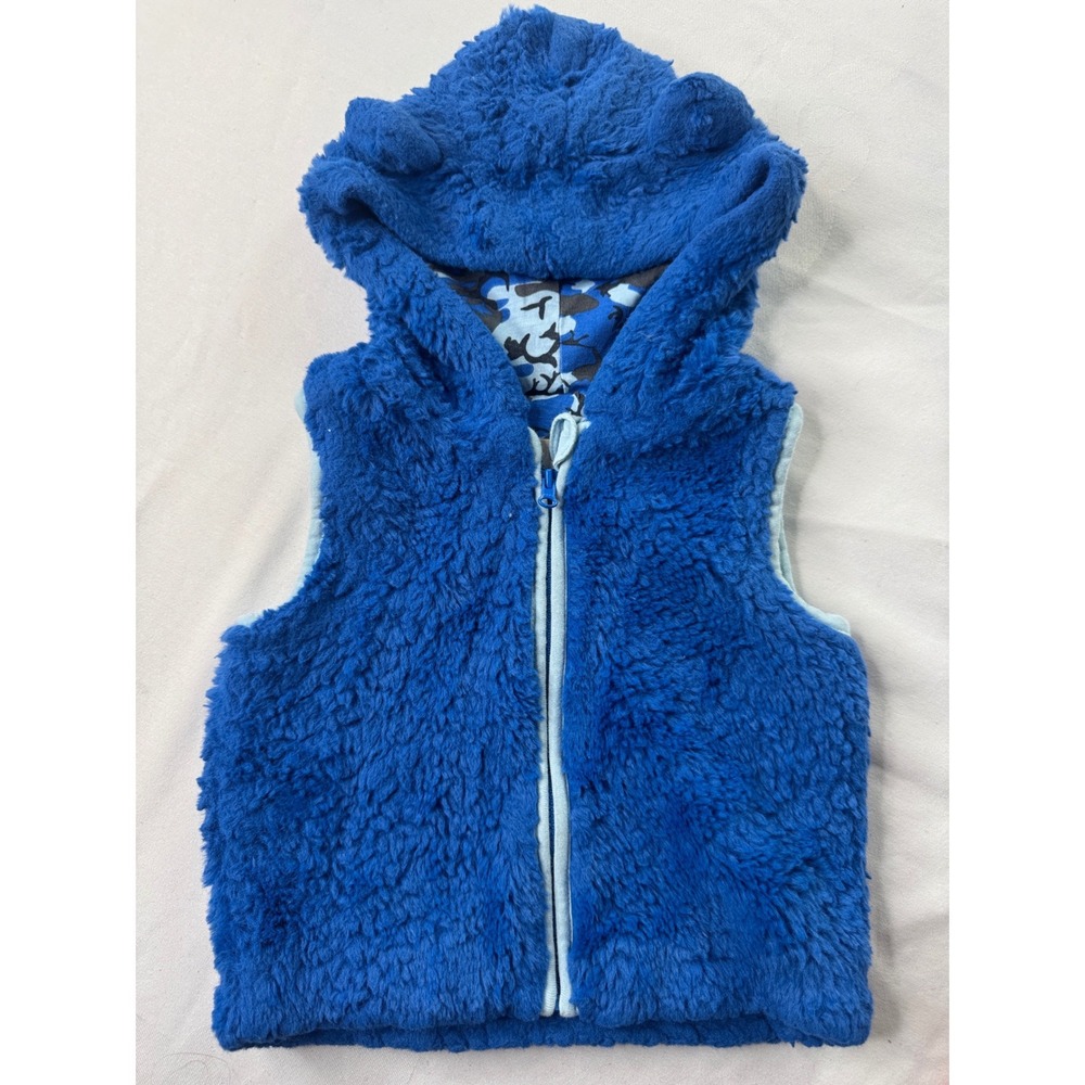 Lily & Dan Blue Faux Fur Sherpa Hooded Vest with Ears 18M Camo Lining Full Zip